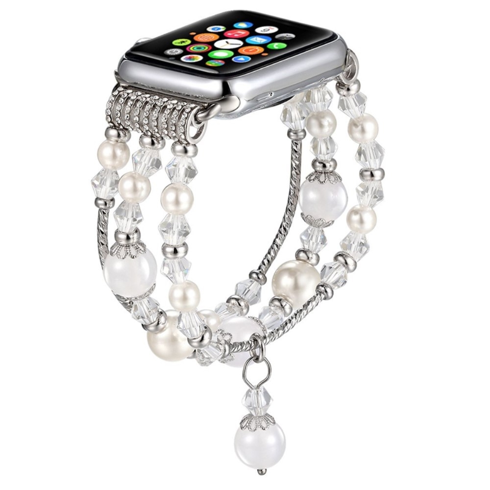 Apple Watch (49/46/45/44 mm) Elastisches Glitzer Perlen Ersatz Armband - Silber / Weiss