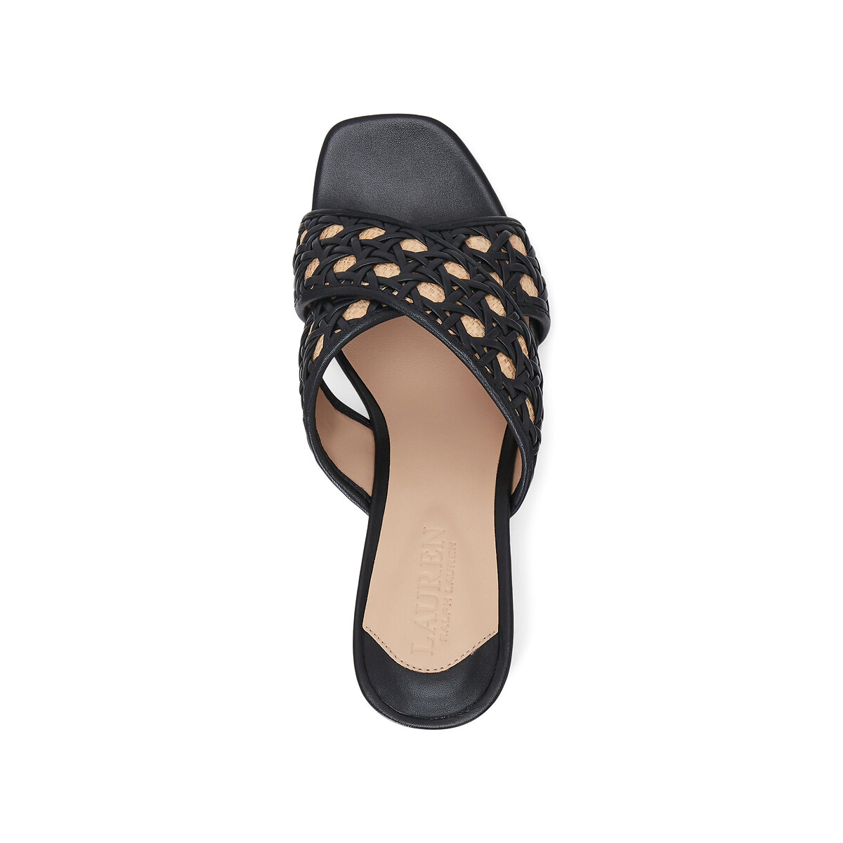 LAUREN RALPH LAUREN<br>Mules de salto alto em couro e ráfia