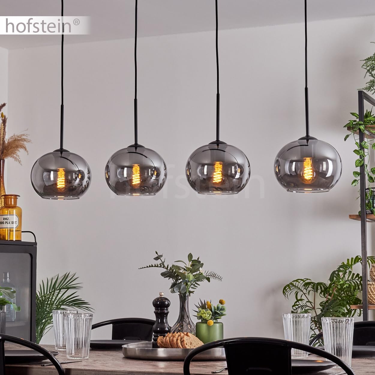 Hängeleuchte Apedo, Hängelampe aus Metall/Glas in Schwarz/Rauchfarben, Leuchte im Vintage/Retro Design mit Schirmen aus Glas (Ø 20 cm), Höhe max. 147,5 cm, 4 x E27, ohne Leuchtmittel