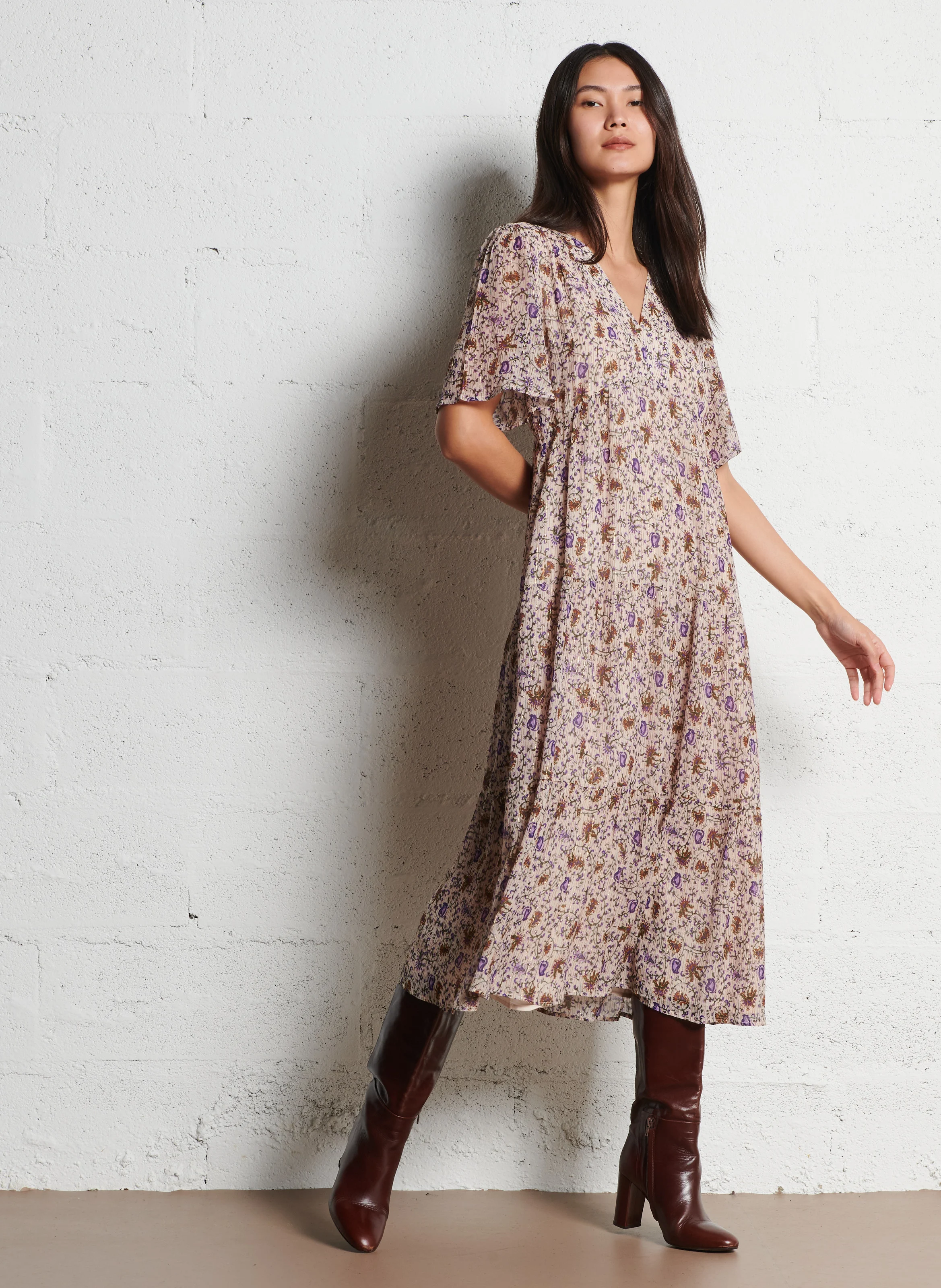 ALBINA - Robe longue droite à col v | Blanc