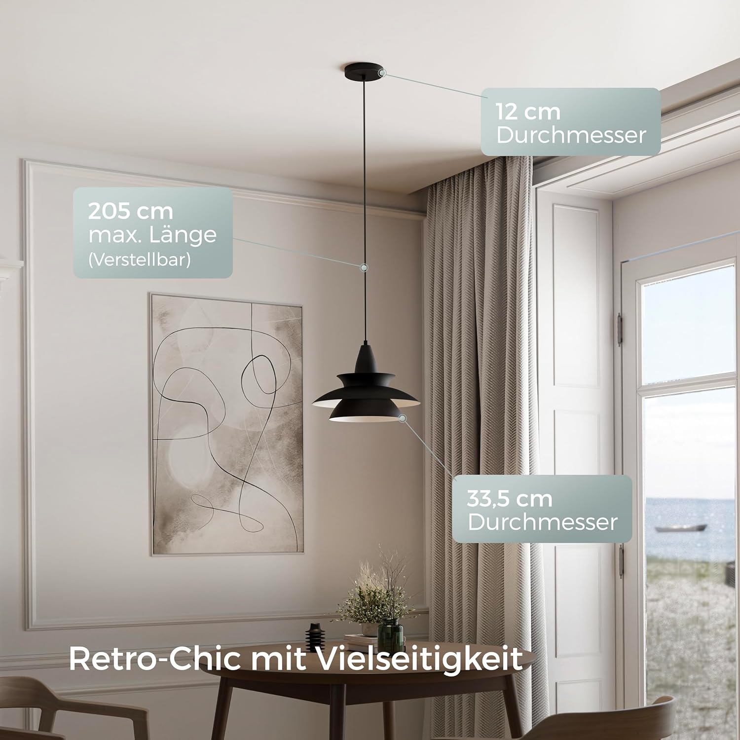 Pendelleuchte schwarz Retro Design - Vintage Aluminium Pendellampe - Alu Hängeleuchte höhenverstellbar - E27 Nordic Lampenschirm - Designer Leuchte Leto – leichte & hochwertige Esszimmer Beleuchtung