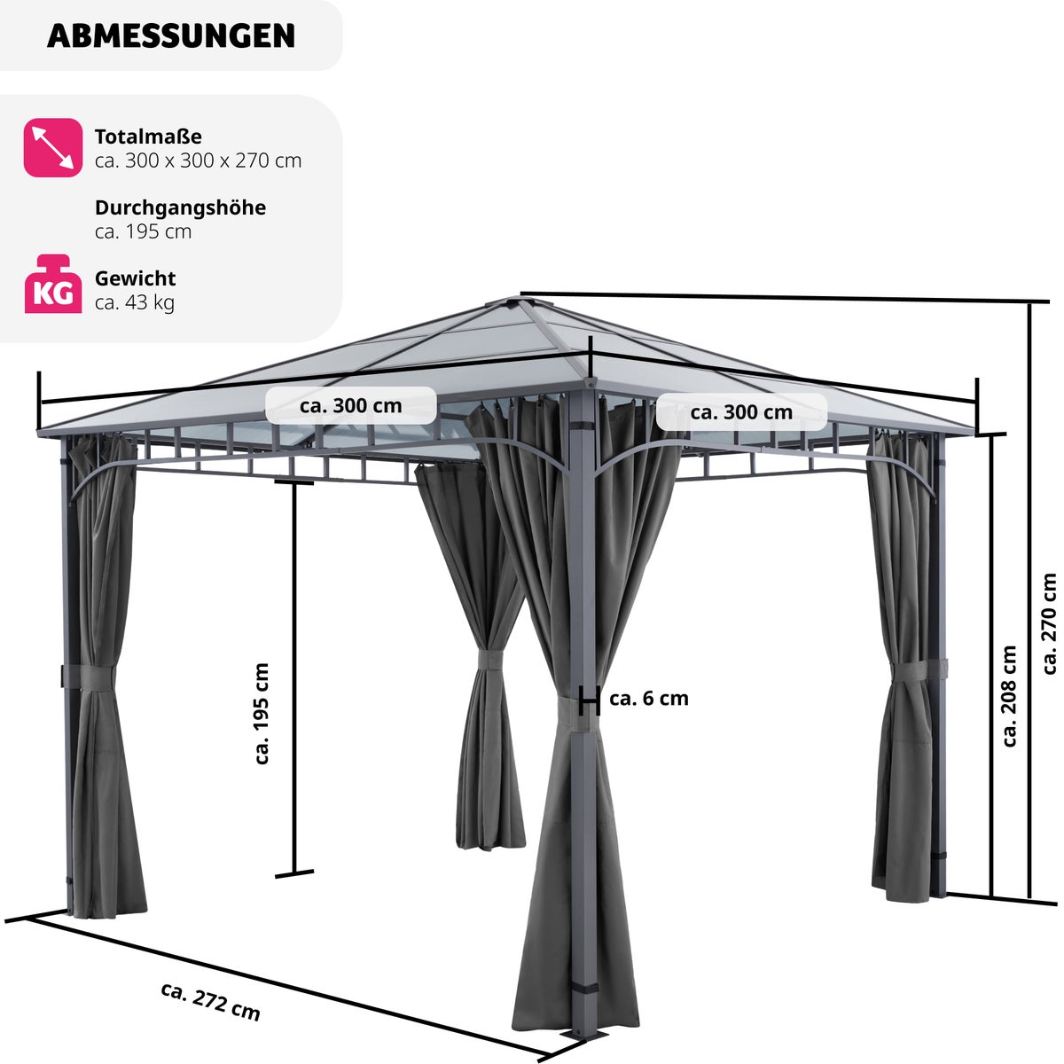 tectake Caracas tuinpaviljoen met gepoedercoat aluminium frame, inclusief 8 haringen