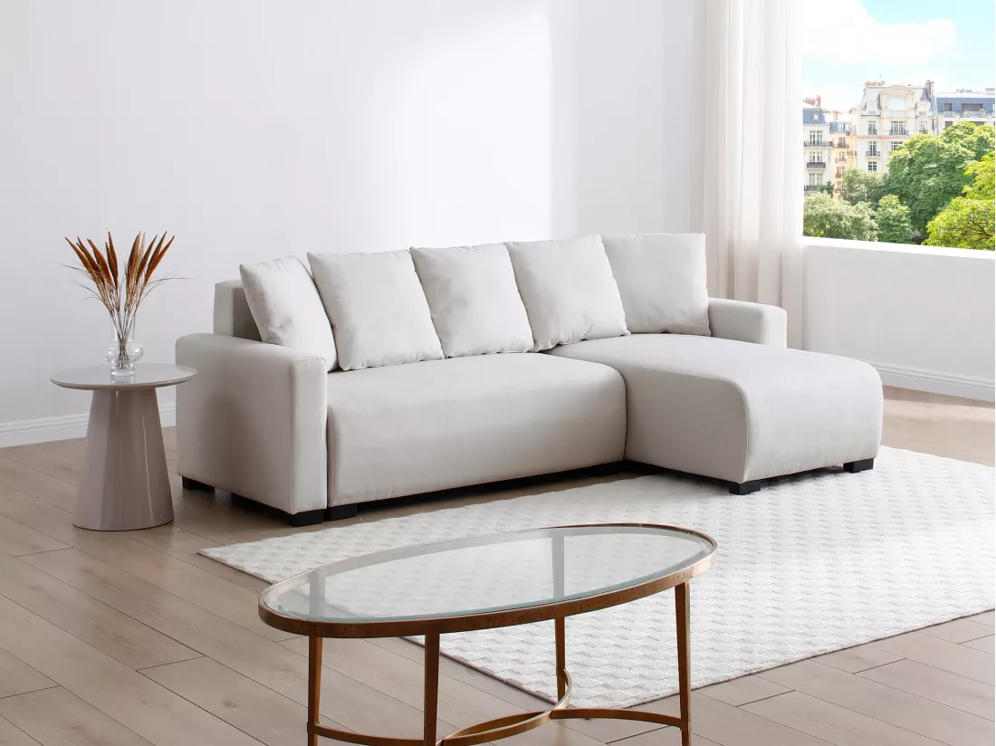 Canapé d'angle convertible et réversible en tissu beige LADAZIA II