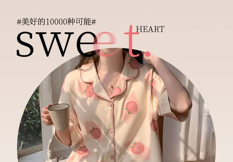 Sweetzer - Pyjamaset: Kort mouwen perzikprint overhemd met knoopjes + korte broek