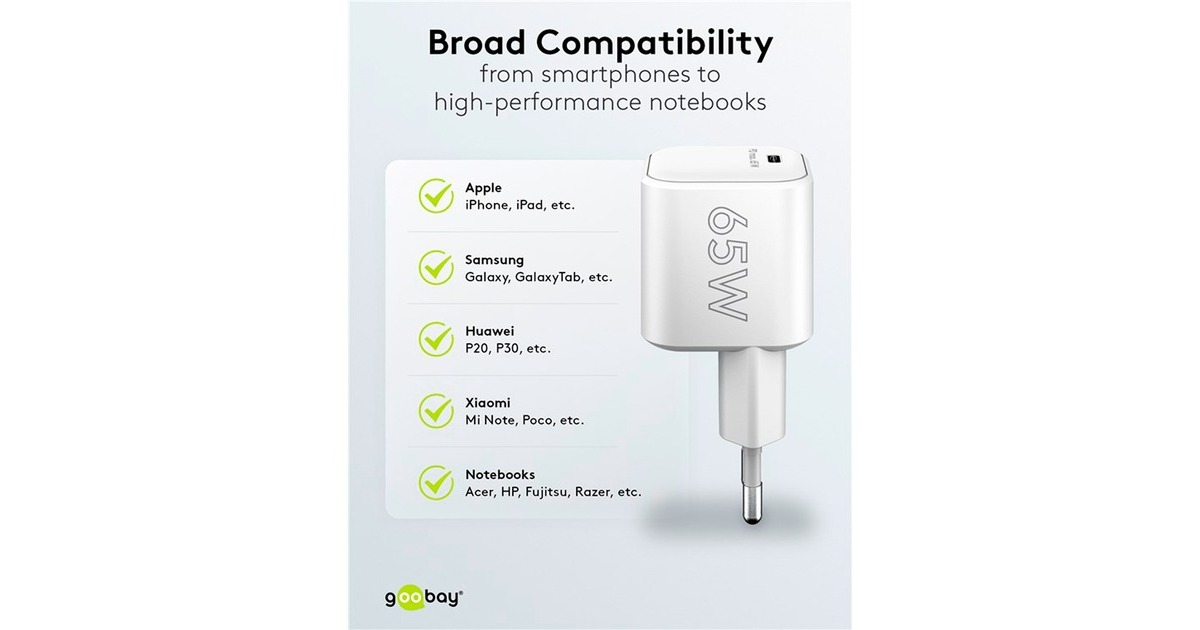 goobayUSB-C PD GaN snellader Nano (65 W)   (Wit, 1x USB-C, Power Delivery 3.0)