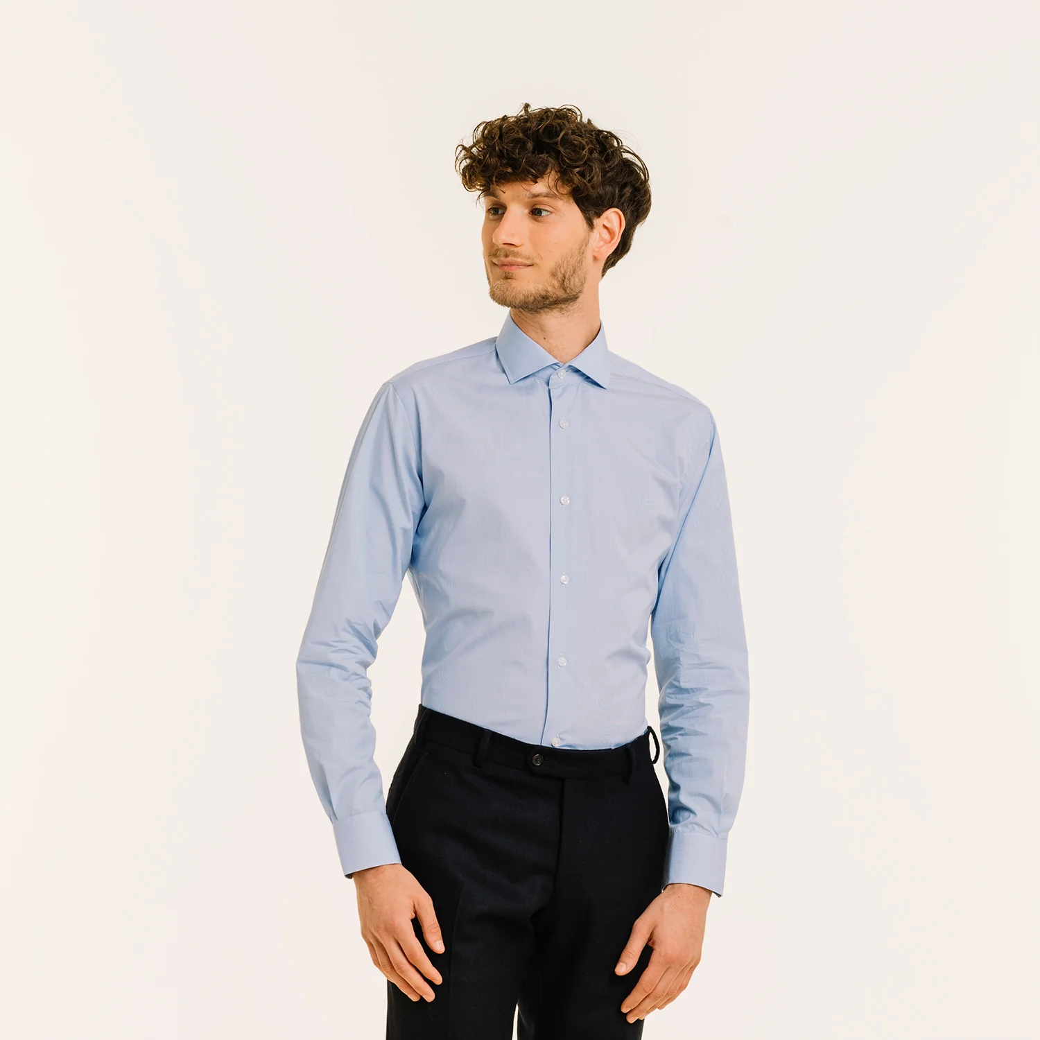 Faux-plain double-twisted poplin shirt with blue checks