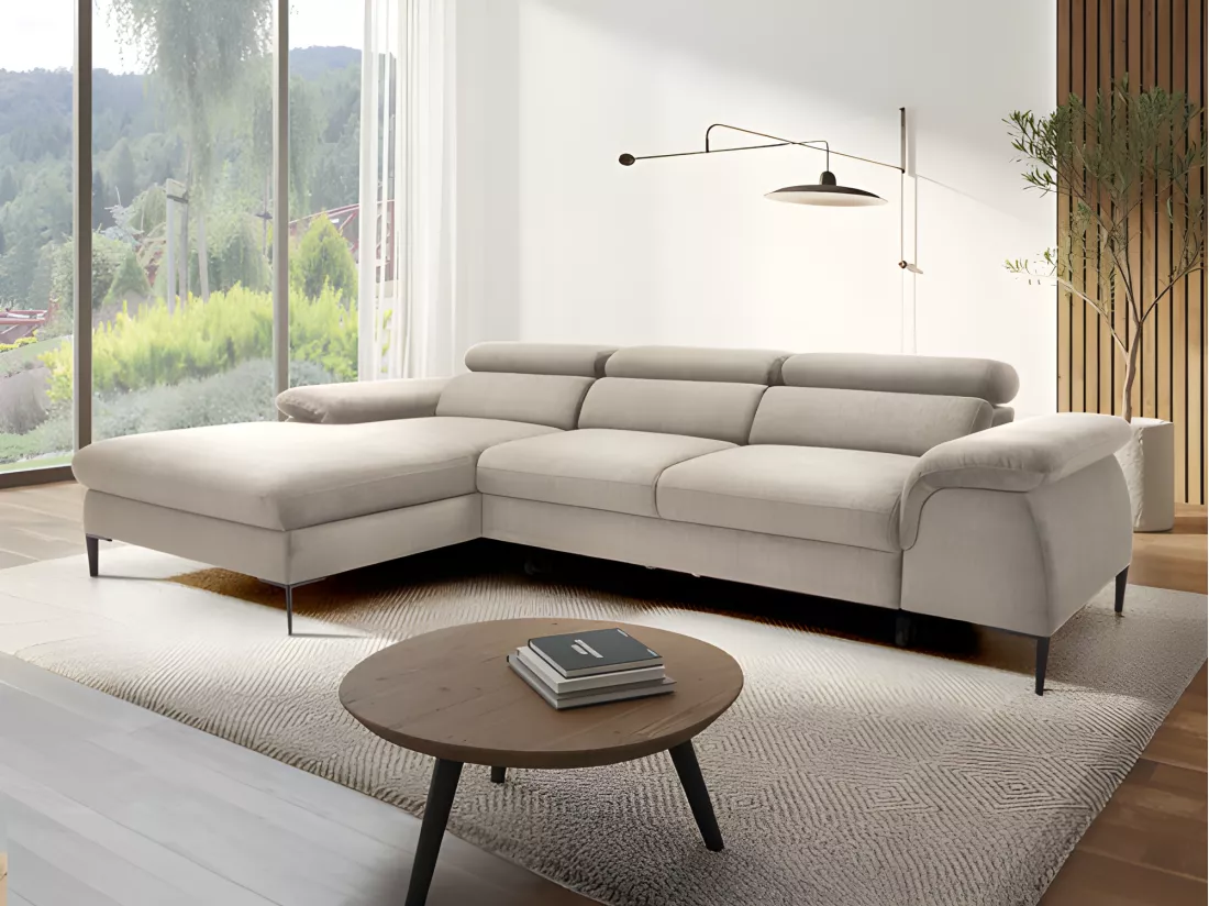 Canapé d'angle gauche convertible en velours beige SEPINA de Pascal Morabito