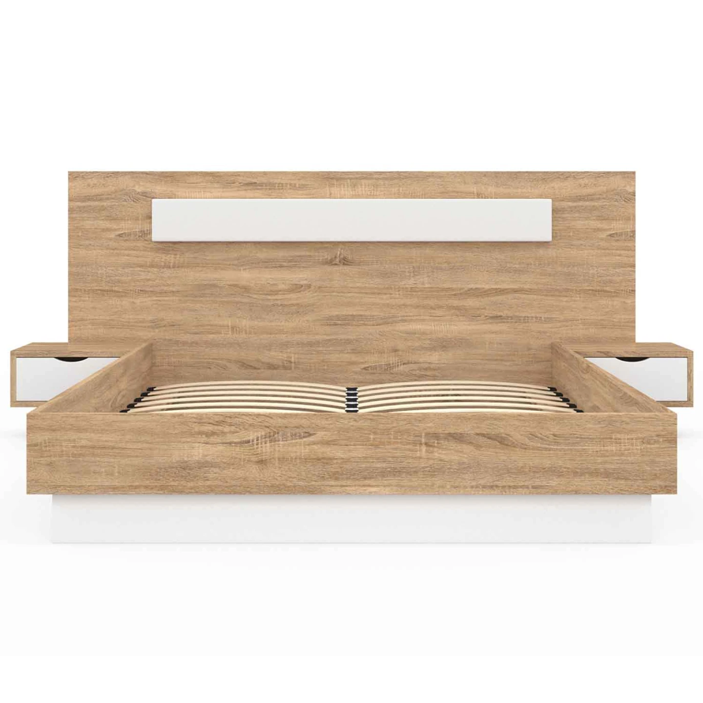 Lit double SANTA avec tête de lit + tables de chevet intégrées et sommier 140 x 190 cm bois et blanc