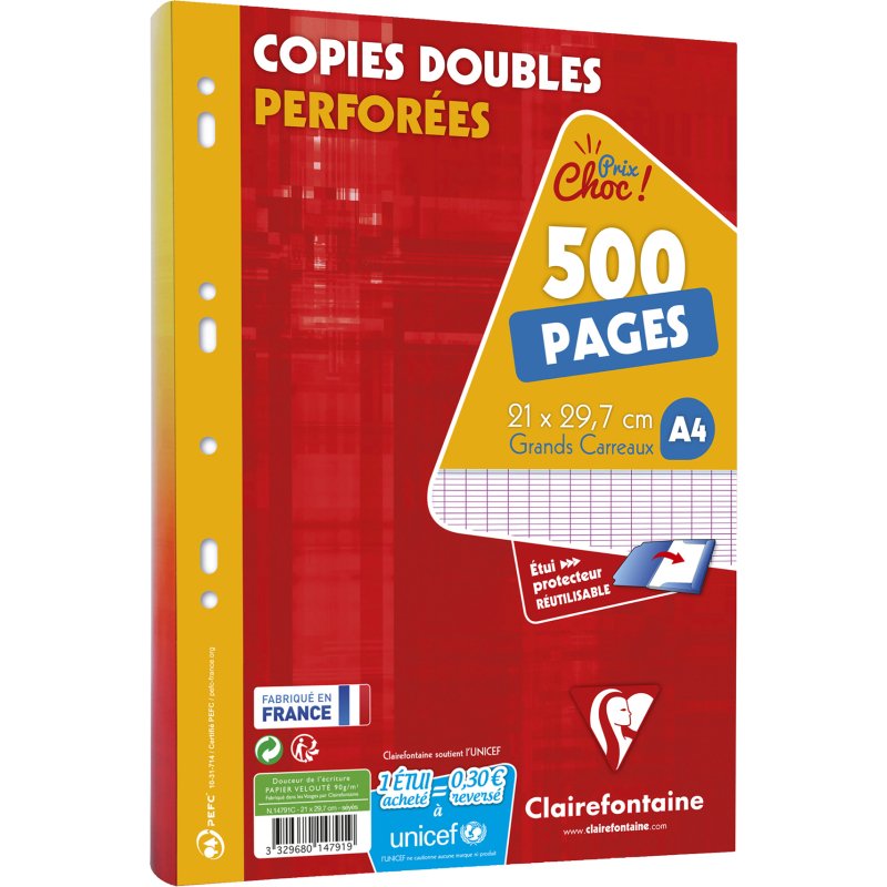 Copies doubles 500 pages séyès 90g format A4 21 x 29,7 cm Metric Clairefontaine - perforées