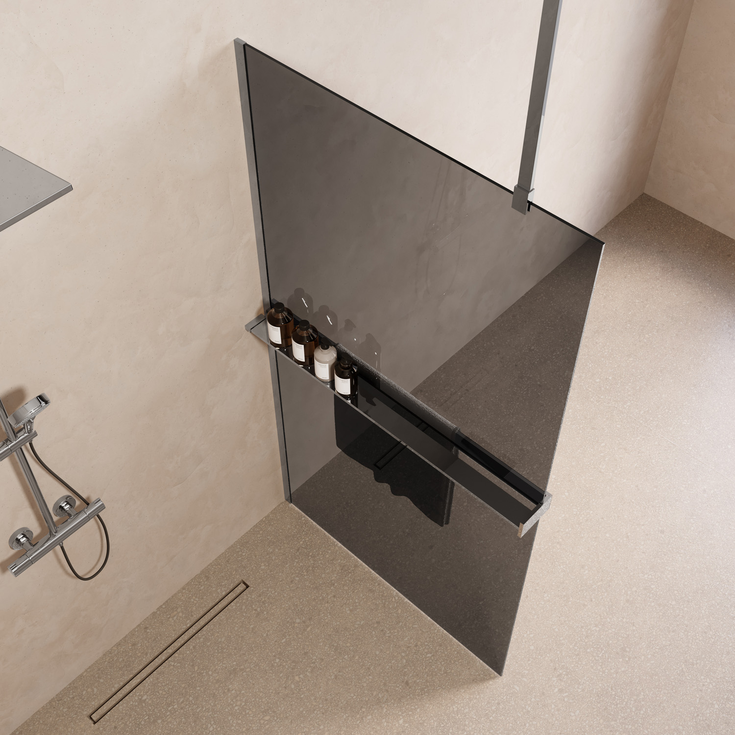Saniclear Bright inloopdouche 100cm met handdoekhouder en rookglas chroom