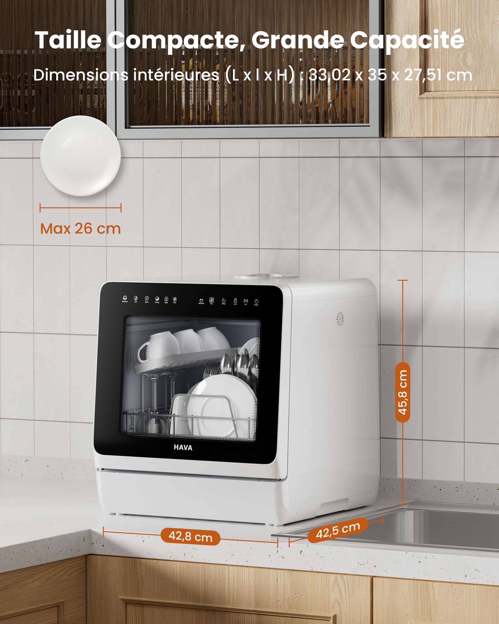 HAVA Lave-vaisselle de comptoir 2025 - Amélioré avec adoucisseur d'eau, efficacité énergétique optimale, 8 programmes de lavage, verrouillage enfant e
