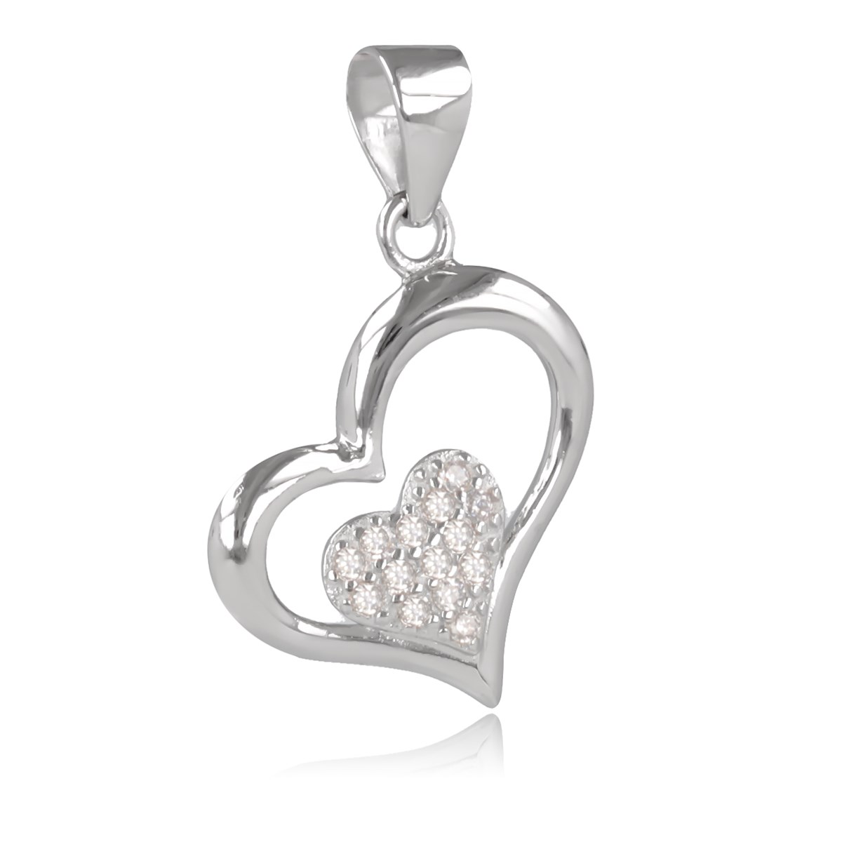 Pendentif argent rhodié forme coeur et petit coeur en cubic zirconia
