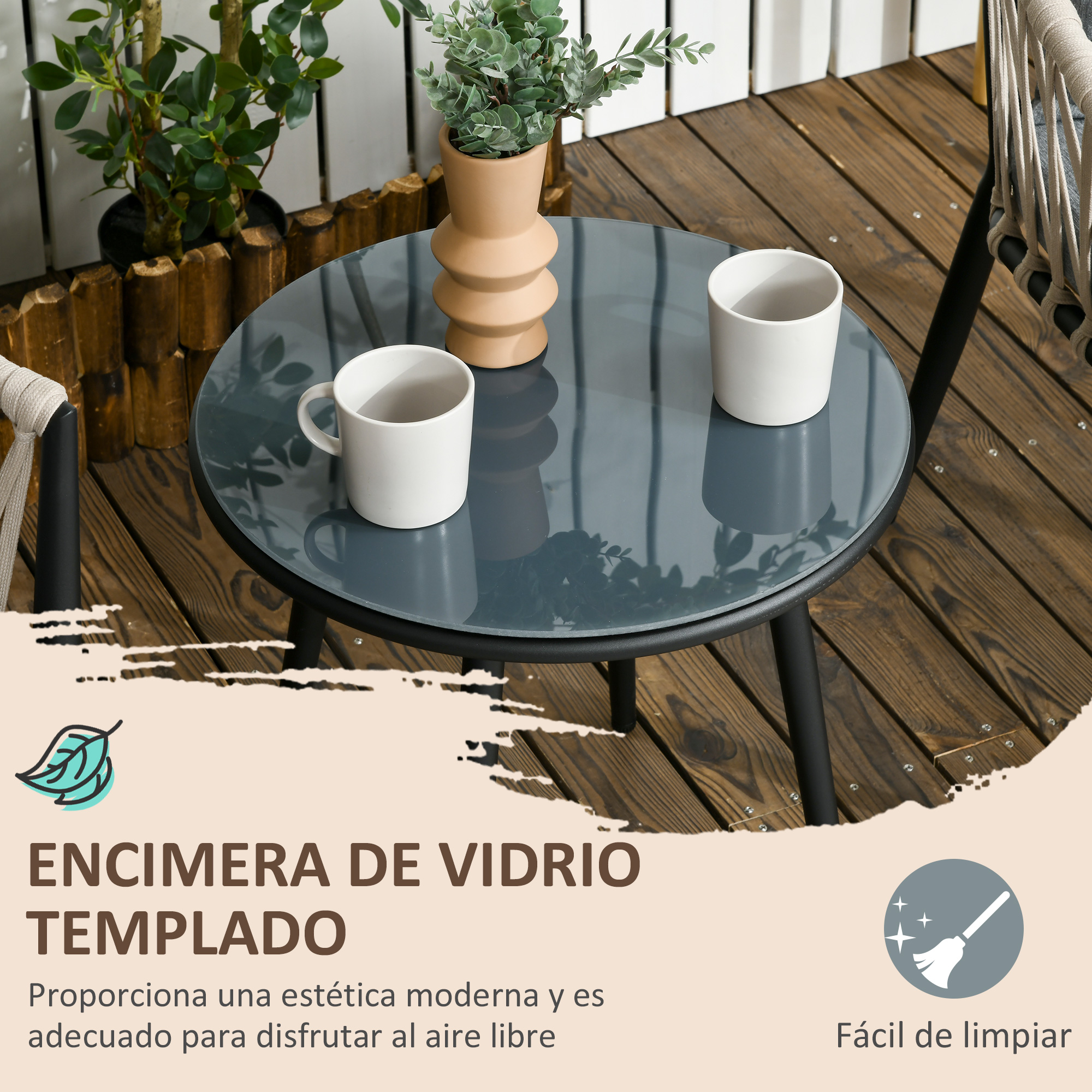 Conjunto de Móveis de Jardim Outsunny de 3 Peças, Inclui Mesa com Tampo de Vidro Temperado e 2 Poltronas com Almofadas e Apoios de Braço em Corda, Polipropileno, Cinza