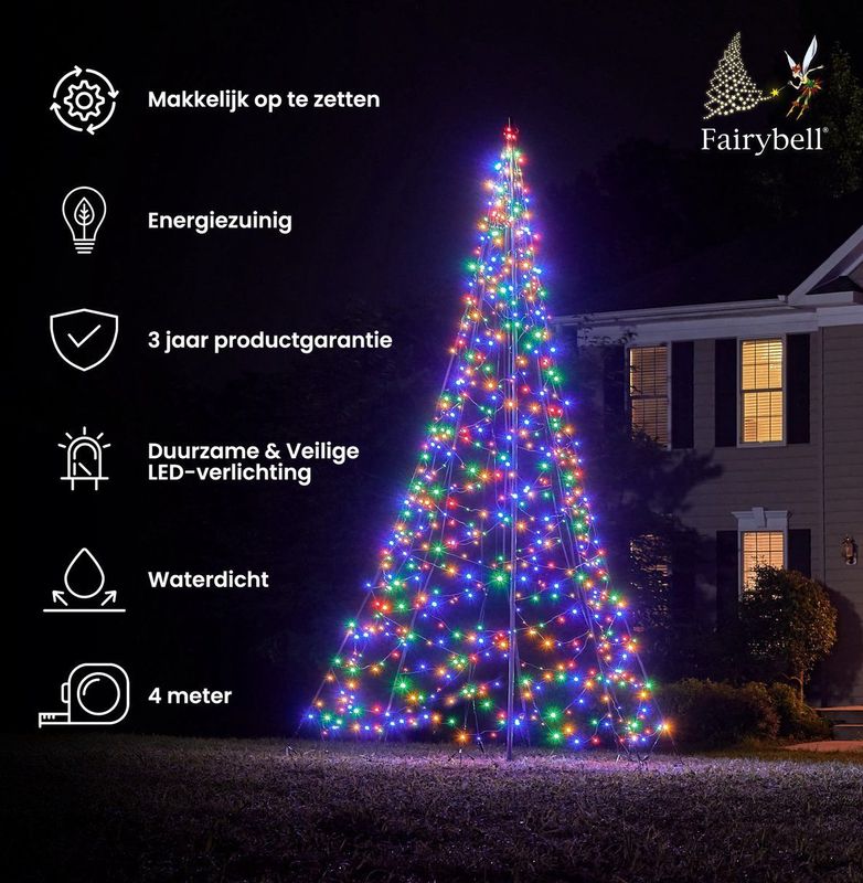 Fairybell LED Kerstboom voor buiten inclusief mast - 4 meter - 640 LEDs - Multi colour