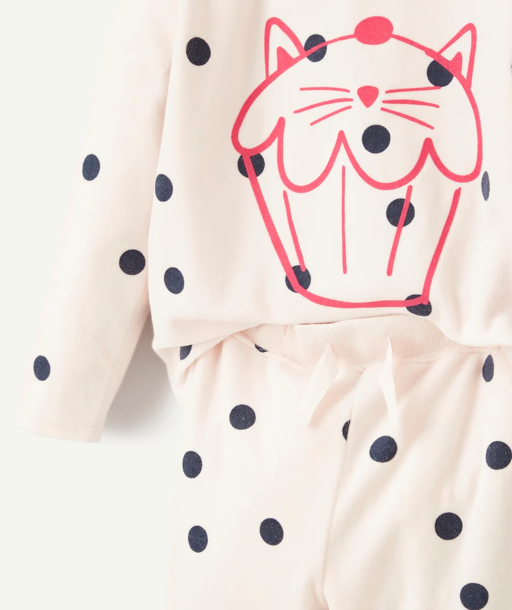 PYJAMA VELOURS FILLE EN FIBRES RECYCLÉES ROSE PÂLE À POIS