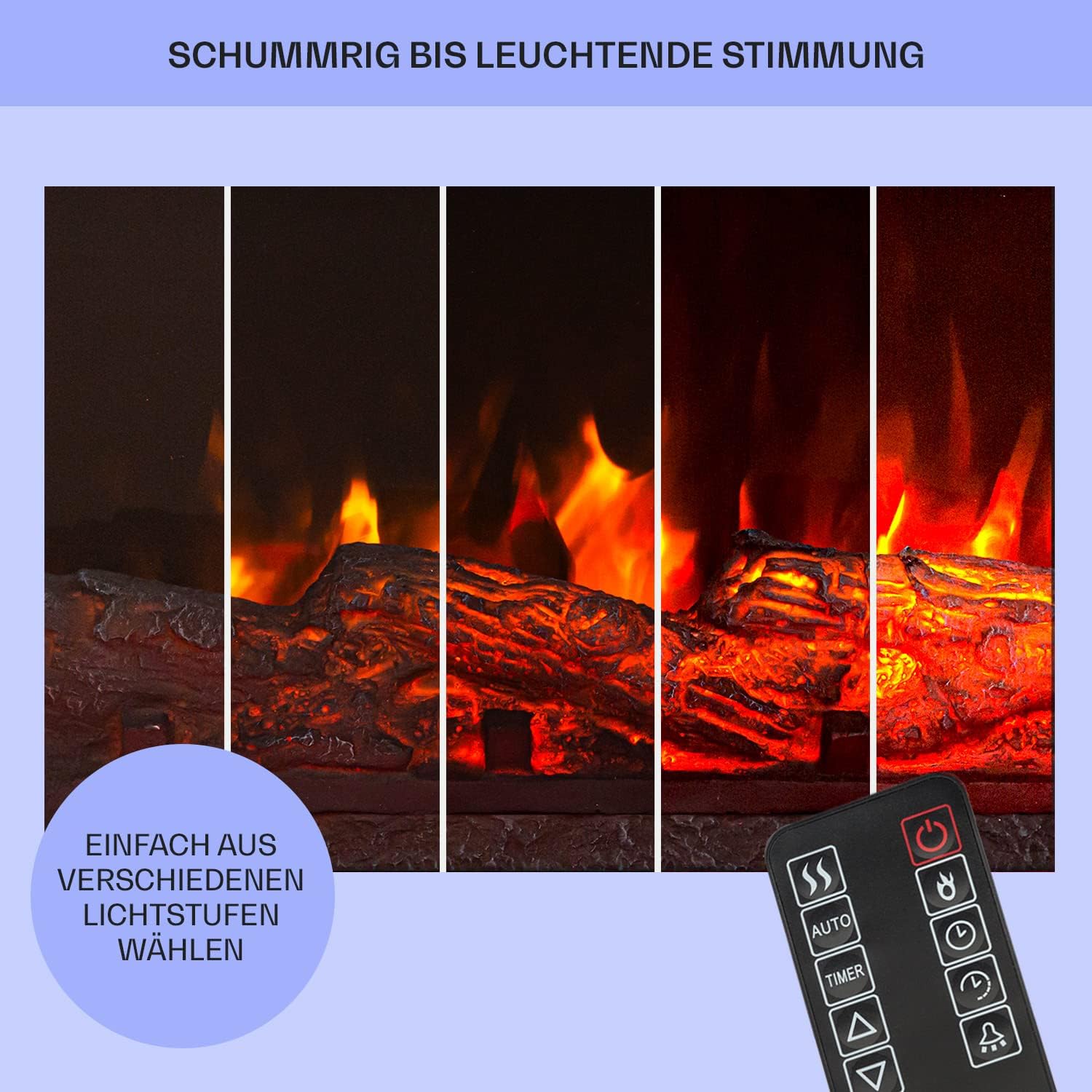 Klarstein Studio Light & Fire 2 - Elektrokamin mit LED-Flammenillusion, Elektro Kamin mit Timer-Funktion und Thermostat, 1000/2000W, MDF-Gehäuse, inkl. Fernbedienung, Ambient Down Light, weiß