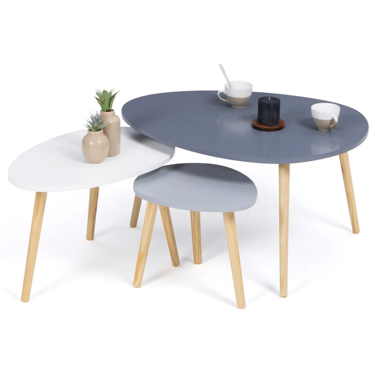 Lot de 3 tables basses gigognes GAIA laquées gris blanc scandinave
