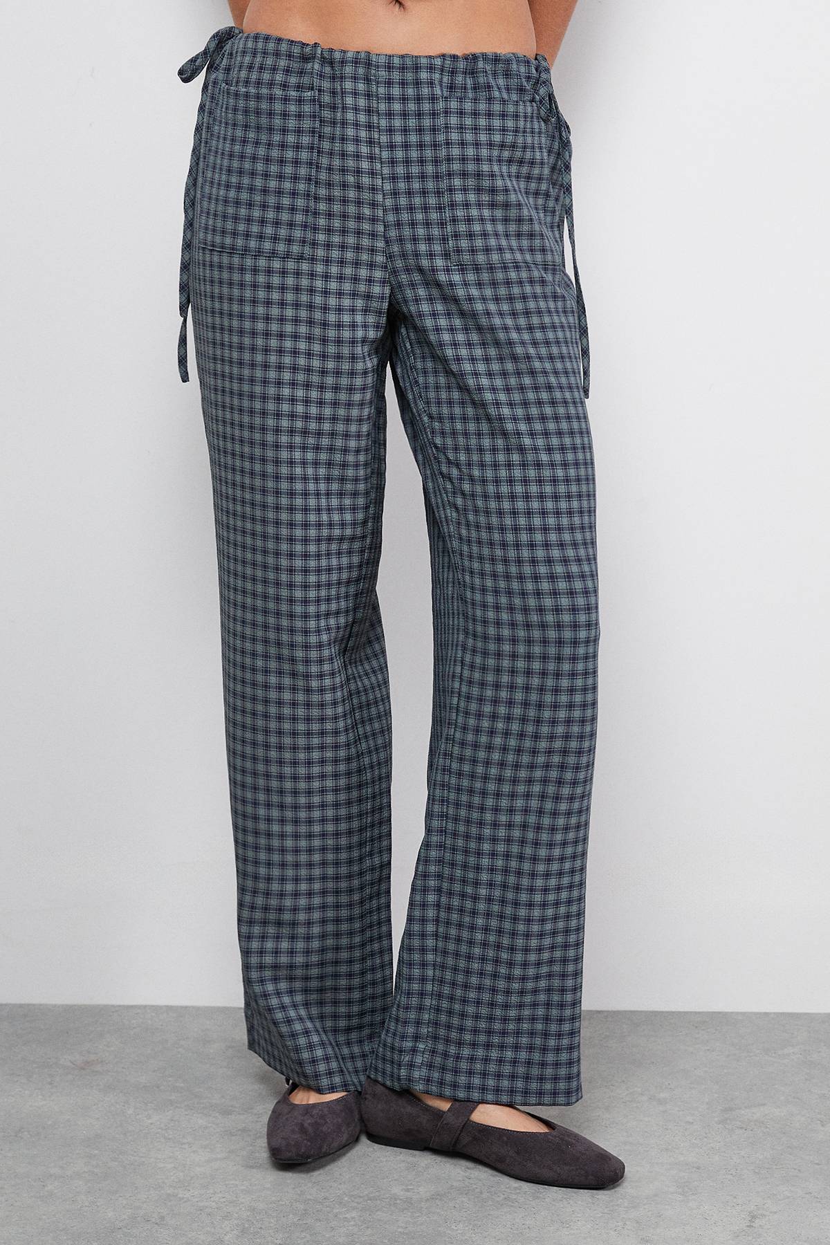 Warehouse Pantalon à Carreaux Verts Taille Moyenne avec Liens Latéraux et Poches