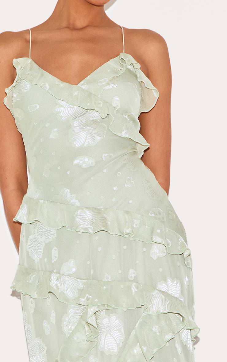 Vert Sauge Robe Longue À Volants Brodés De Fleurs