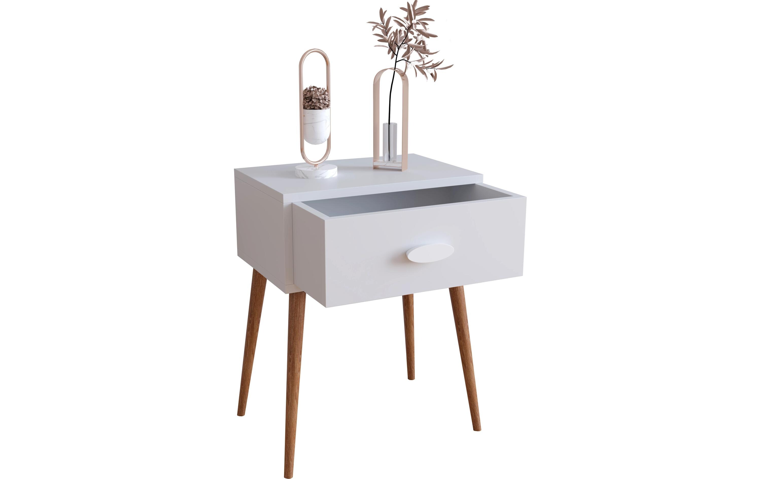 Nachttisch Singol L 44.5 x 60 cm, WeissNachtschrank im Retro-Design