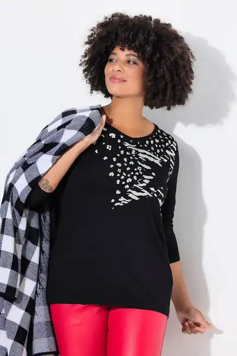T-Shirt, A-Linie, Sterne, 3/4-Ärmel, schwarz
