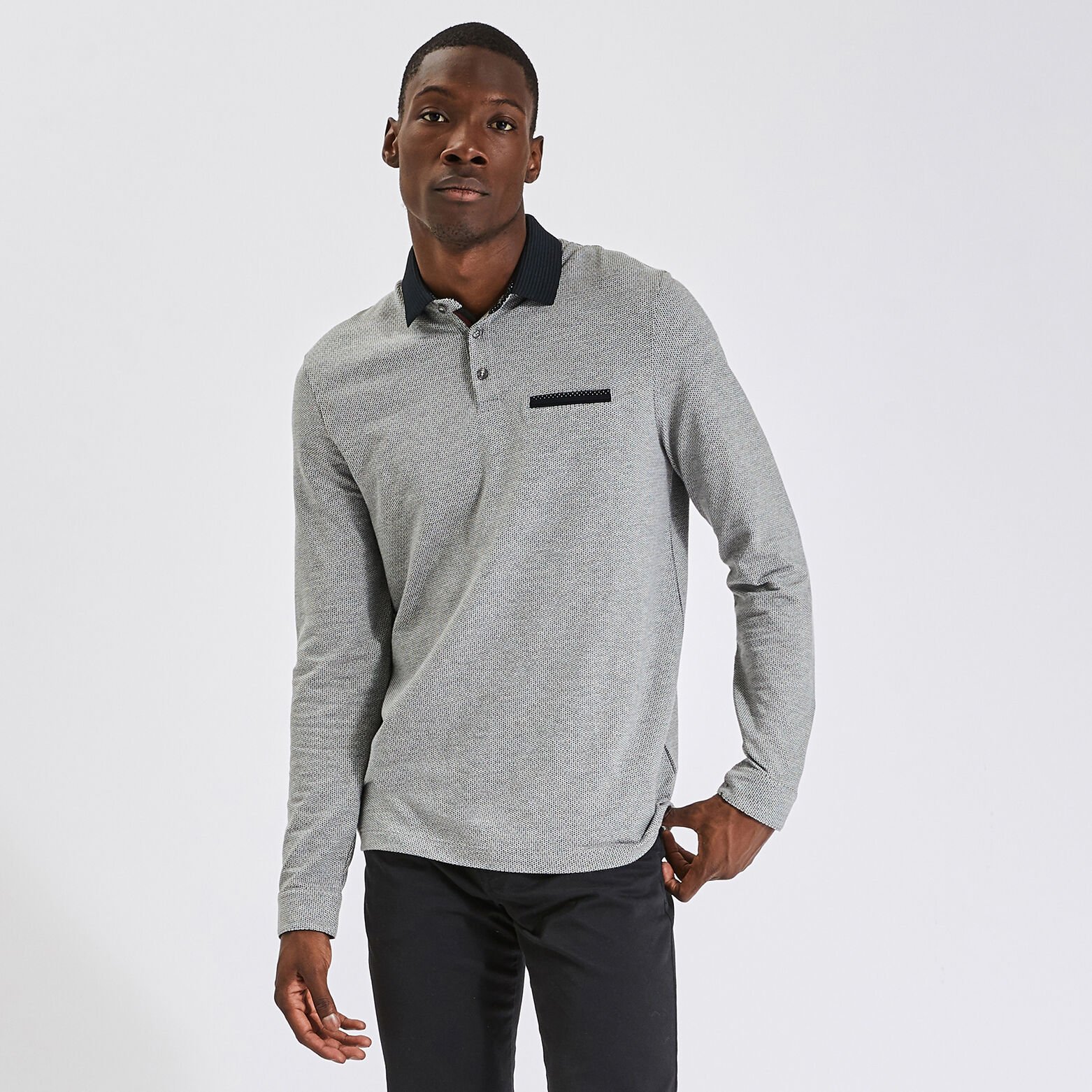 Polo manches longues jacquard à col fantaisie Gris moyen
