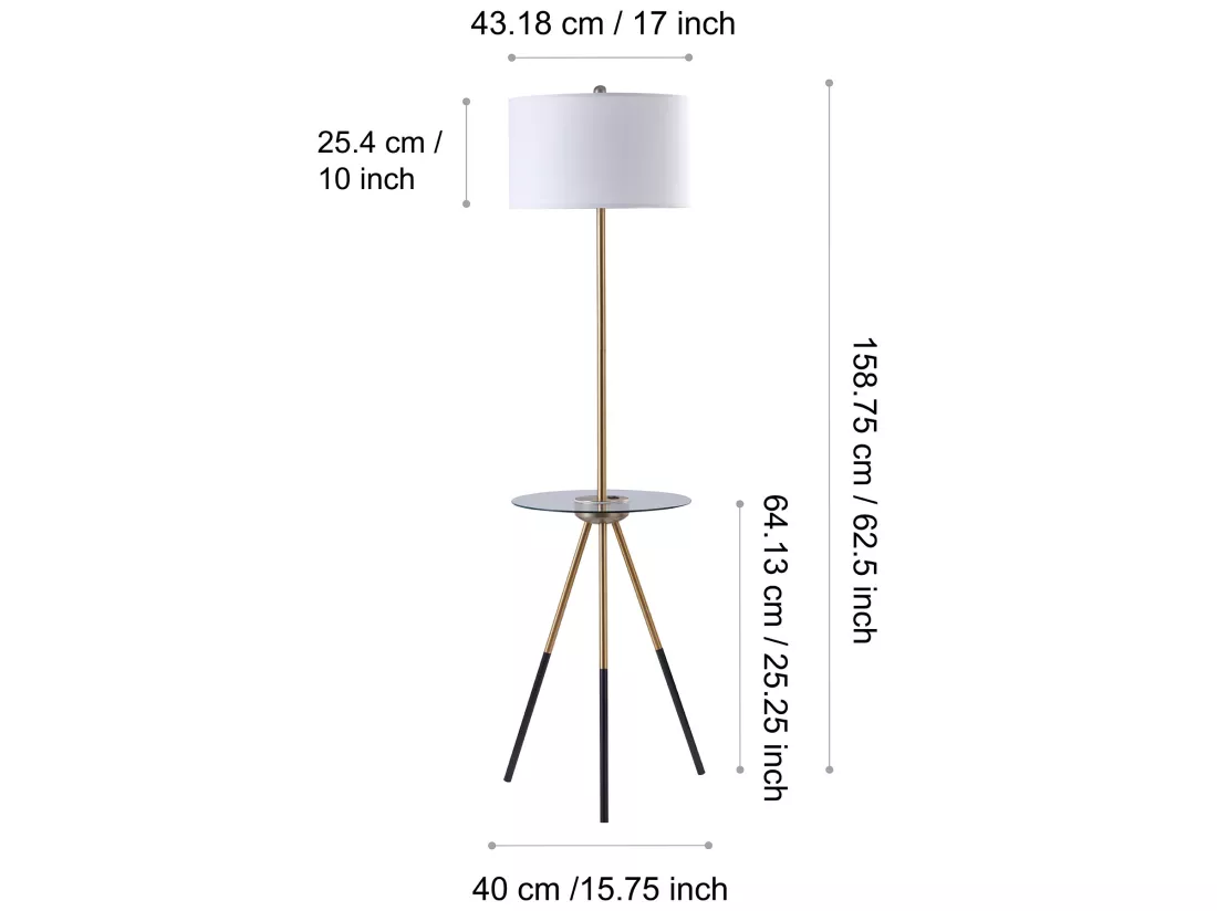 Lampadaire trépied salon avec tablette en verre chargeur USB blanc doré Myra