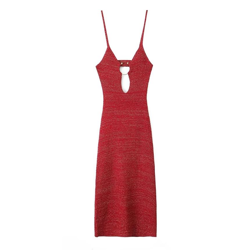 Sensarra - Spaghettibandjes Melange Cutout Knit Midi Schede Jurk