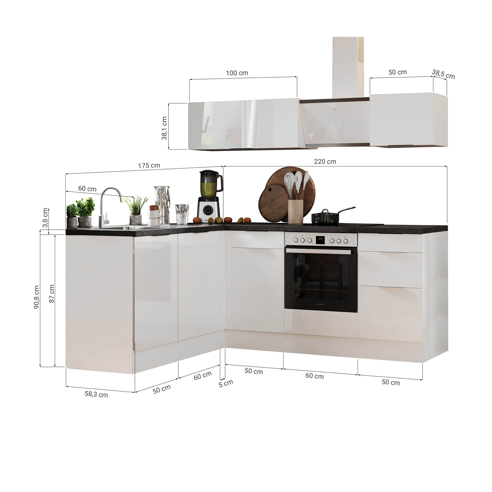 RESPEKTA Winkelküche - weiß Hochglanz - weiß matt - mit E-Geräten - 220 cm