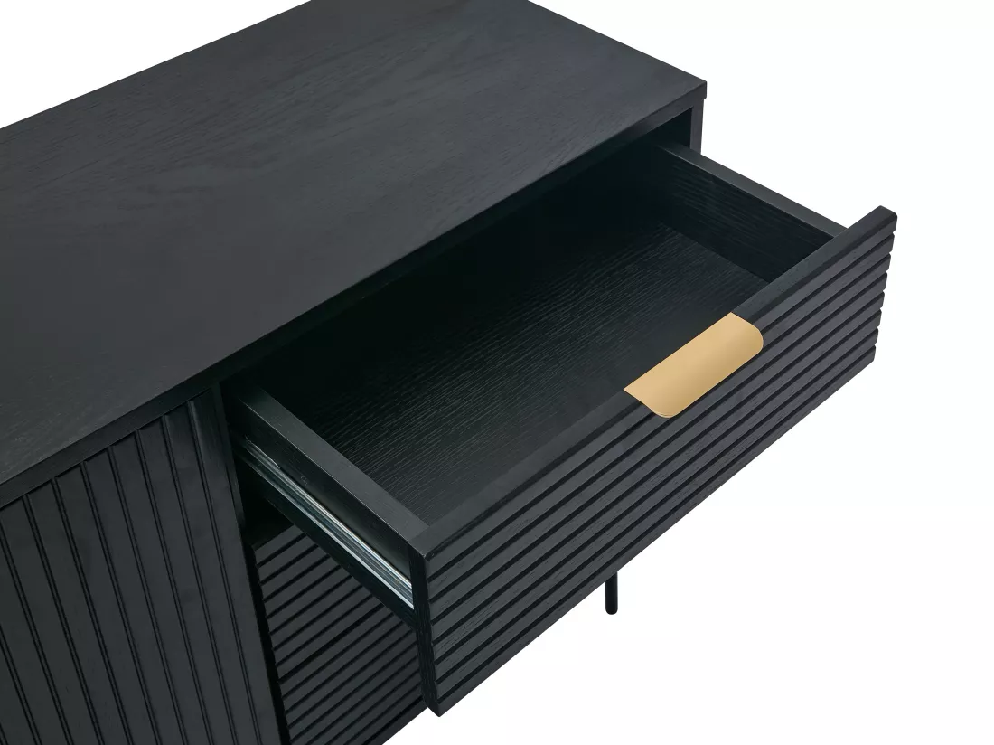 Buffet avec 2 portes et 3 tiroirs placage chêne et métal - Noir et Doré - SIRIOLA