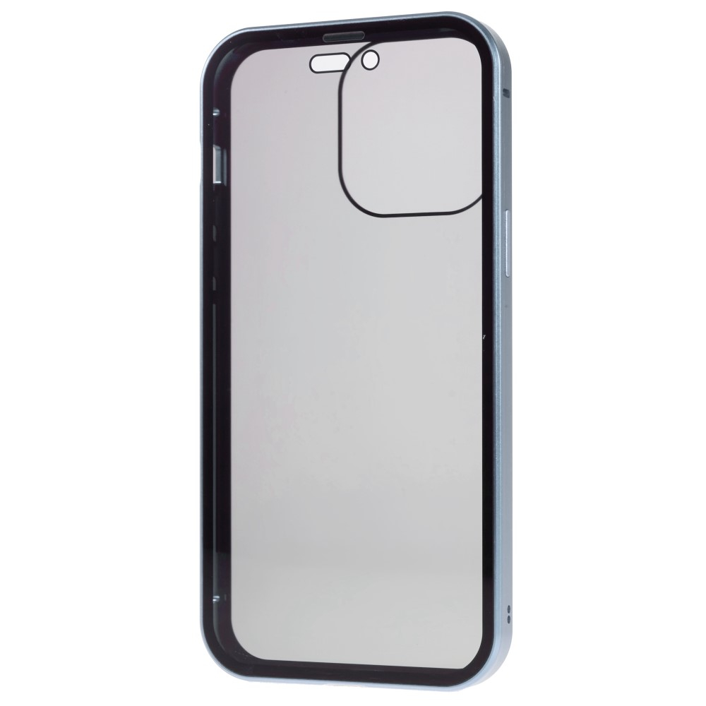 iPhone 14 Pro Magnetische Alu Schutzhülle mit Panzer Glas Backcover   Privacy Glas Displayschutz (Magnet-Technologie) - Hellblau
