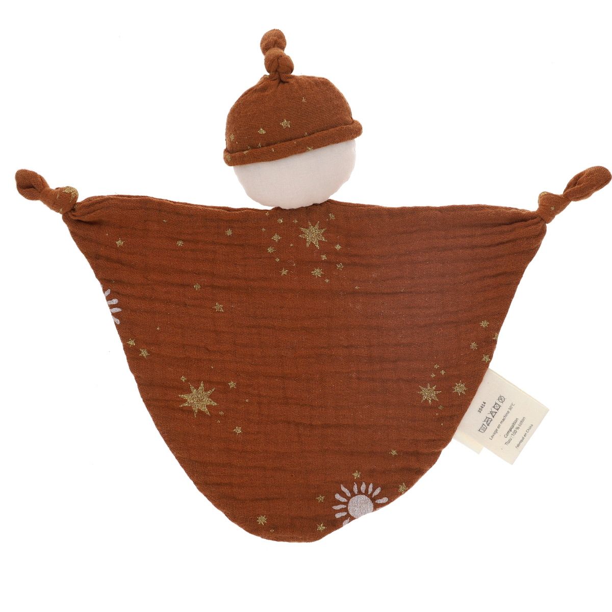 Doudou plat Monsieur marron et étoiles - Curiosité du ciel Jolie saison