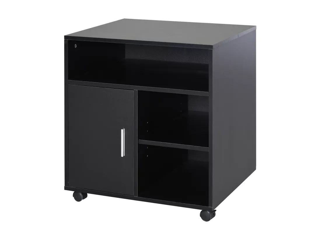 HOMCOM Support d'imprimante organiseur bureau caisson placard porte 3 niches + grand plateau panneaux particules noir