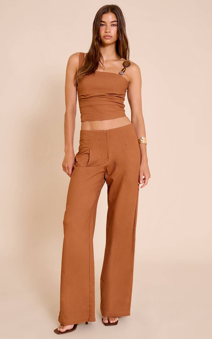Chesnut Pantalon Droit Taille Mi-haute En Tissu Tissé