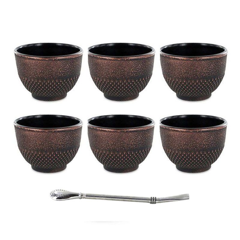 6 tasses en fonte noires & bronze 15 cl + paille inox avec filtre Arom