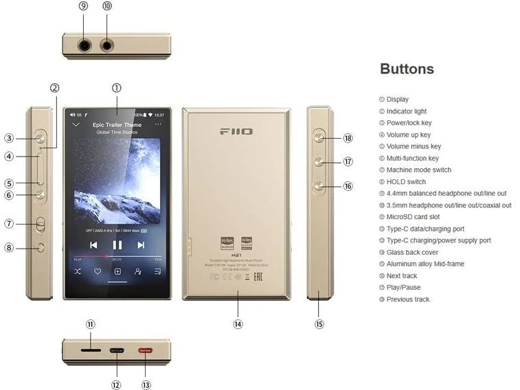 FiiO HiRes-Player M21 Blau Kompakter High-Res-Audioplayer mit Android-Betriebssystem und schneller Bedienung