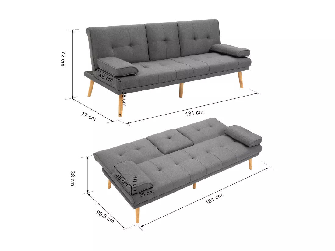 Canapé convertible 3 places design scandinave inclinaison dossier réglable 3 niveaux dossier central rabattable 2 porte-verres bois massif lin gris foncé