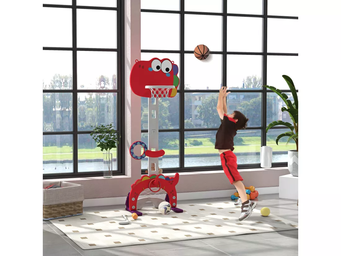 Panier de basket enfant multifonction design dino 3-6 ans - but, golf, 2 jeux de lancer - hauteur réglable - HDPE gris rouge