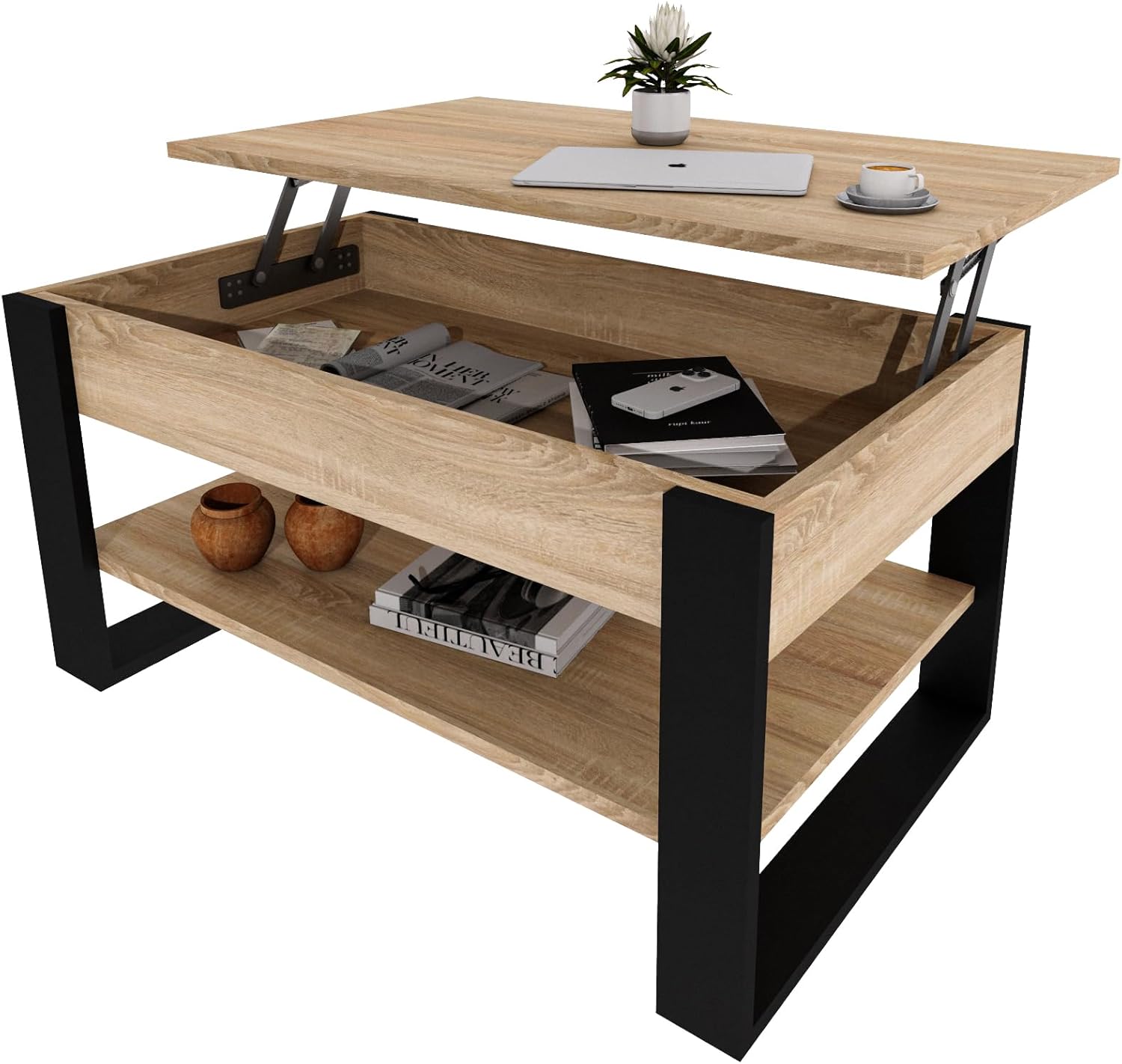 Couchtisch mit anhebbarer Platte | Höhenverstellbarer Wohnzimmertisch mit Stauraum | Sofatisch Eiche Sonoma Schwarz modern mit Ablage & verstecktem Fach – Coffee Table für Wohnzimmer & Büro