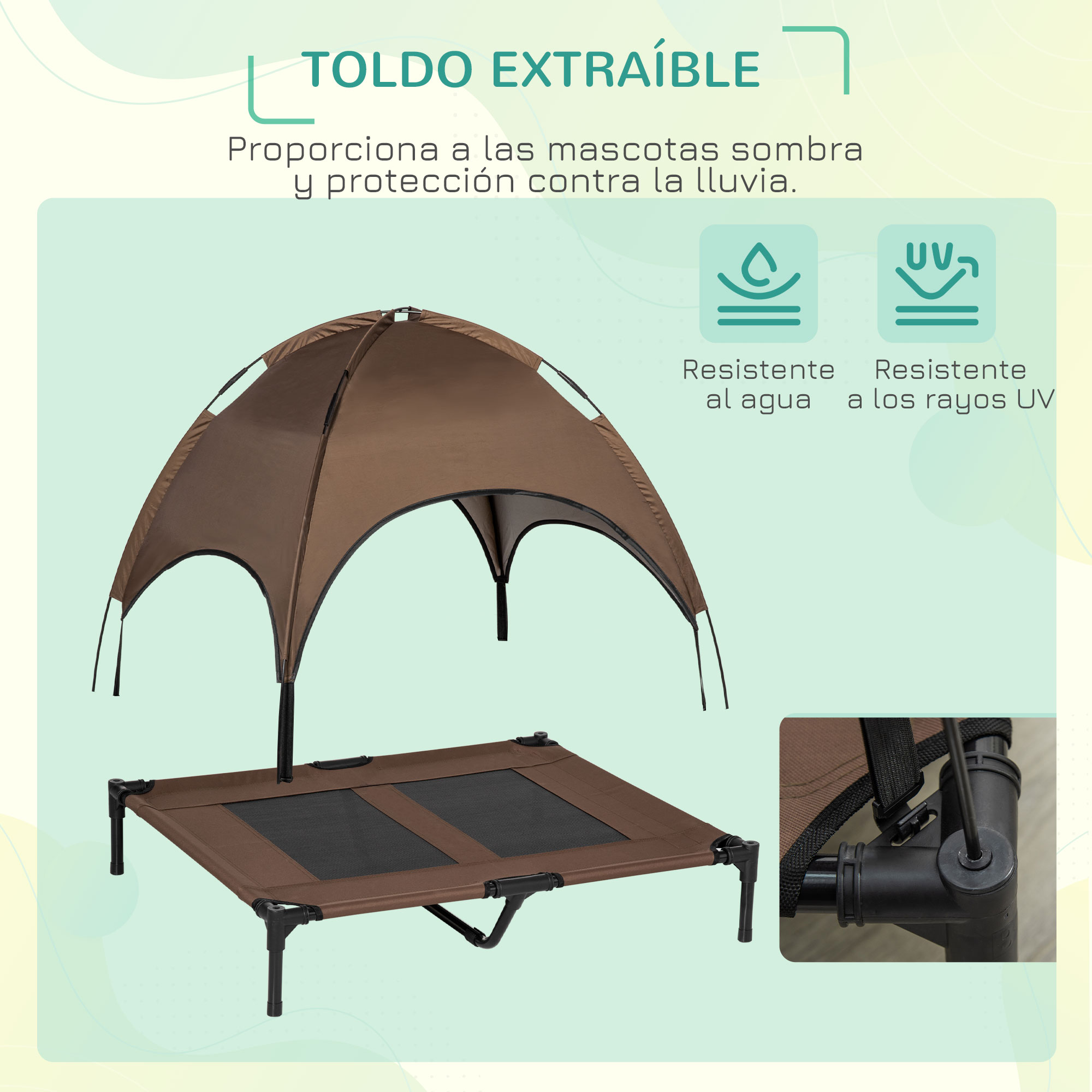 Cama portátil elevada para animais de estimação PawHut com cobertura removível, tecido respirável, para uso interno e externo, 122x92x108 cm, cor café.