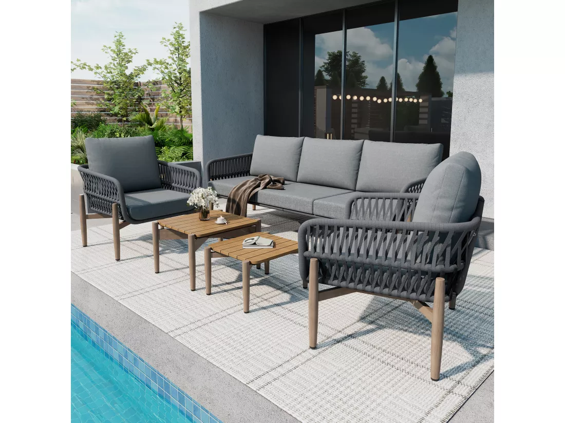 Salon de jardin - ensemble de chaises longues de jardin - 5 places - en corde - en fer galvanisé - canapé - 2 tables basses - 2 fauteuils - Gris