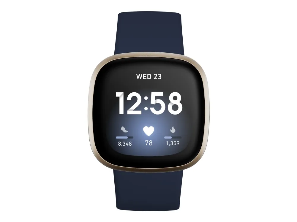 [OUTLET] - Fitbit Versa 3 - Blødt guld-aluminium - smart ur med bånd - silikone - midnat - båndstørrelse: S/L - Wi-Fi, NFC, Bluetooth