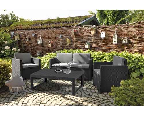Keter Victoria loungeset, polyrattan look, 4-zits, 4-delig, grijs, inclusief kussens