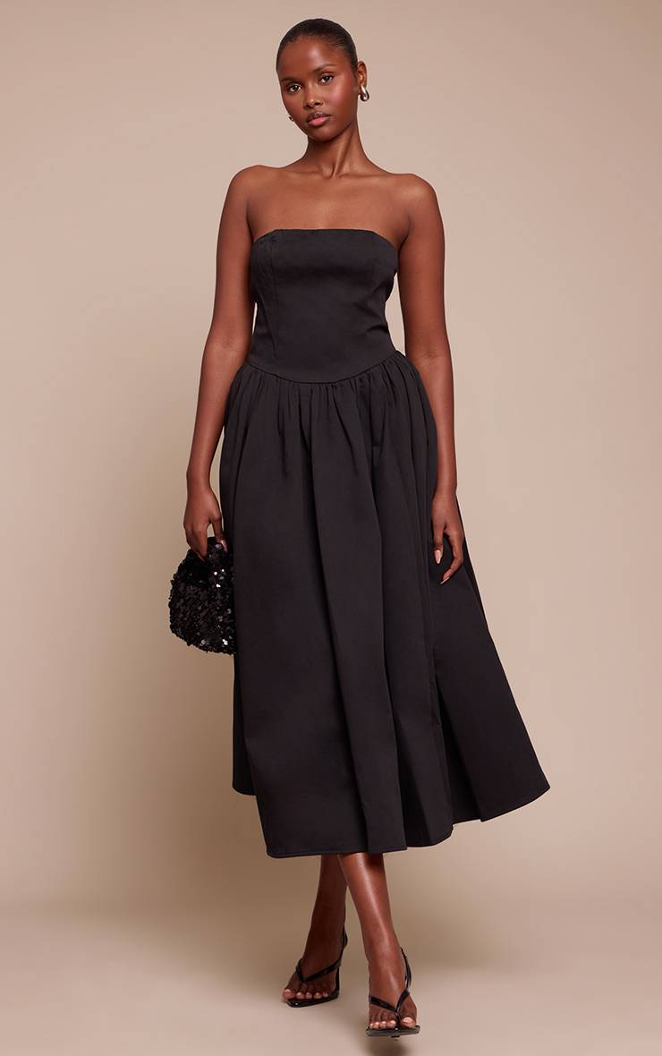 Noir Robe Patineuse Mi-longue À Bandeau Froncé En Tissu Tissé