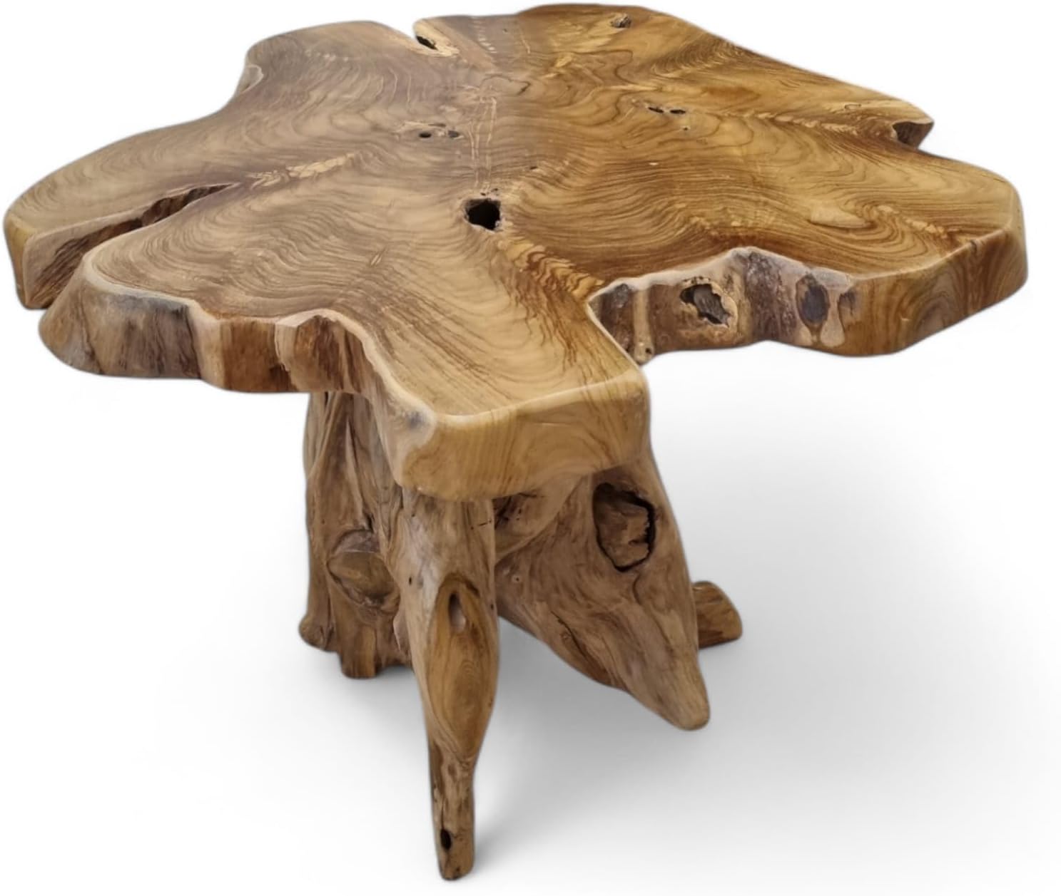 Kinaree Massivholz Couchtisch ALOR Setar - Ø 65-70cm - Holz Beistelltisch aus massivem Teak in rustikaler Optik, mit Tischplatte aus Wurzelholz Baumscheibe (50 x 65-70cm)