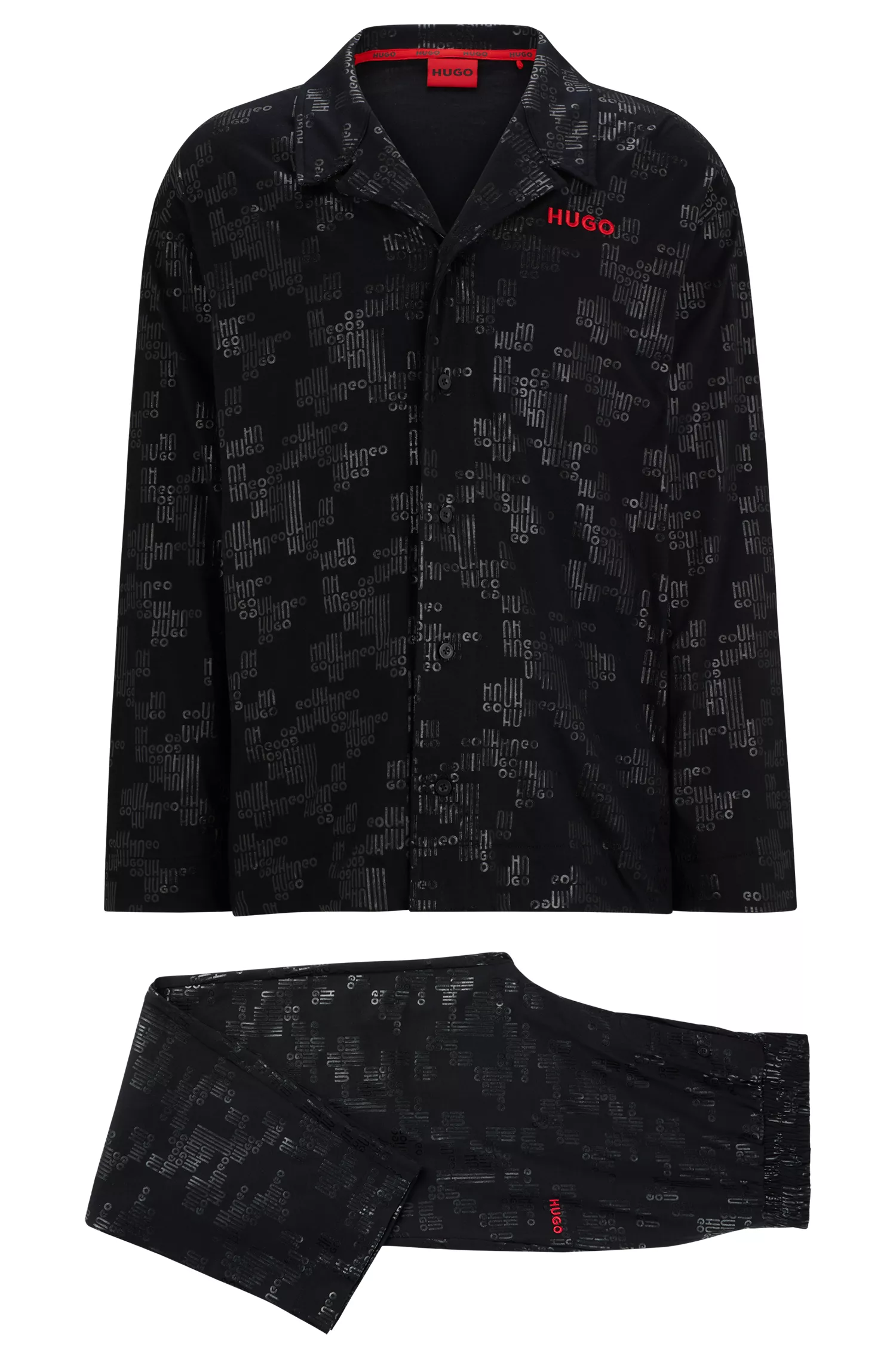 Pijama HUGO vermelho em malha de algodão, modelagem folgada e com logotipos estampados.