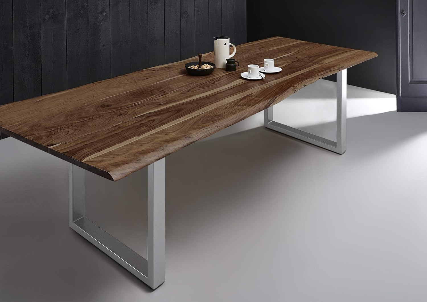 SAM Esszimmertisch 280x100 cm Milo, echte Baumkante, nussbaumfarben, massiver Esstisch aus Akazienholz, Metallbeine Silber, Baumkantentisch