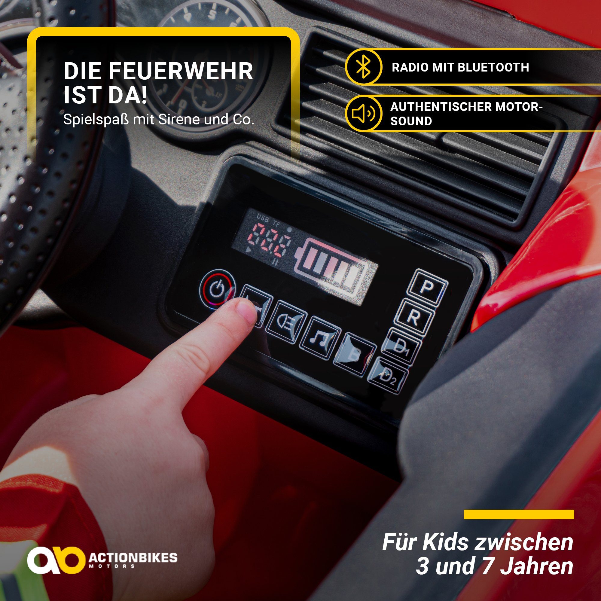 Actionbikes Motors Caminhão de Bombeiros Elétrico Infantil SX1818 - Controle Remoto - Lançador de Água, Capacidade de Peso de 40 kg (Conjunto de 4 peças), Brinquedo Infantil para Crianças a partir de 3 Anos, Elétrico - Sirene e Bluetooth