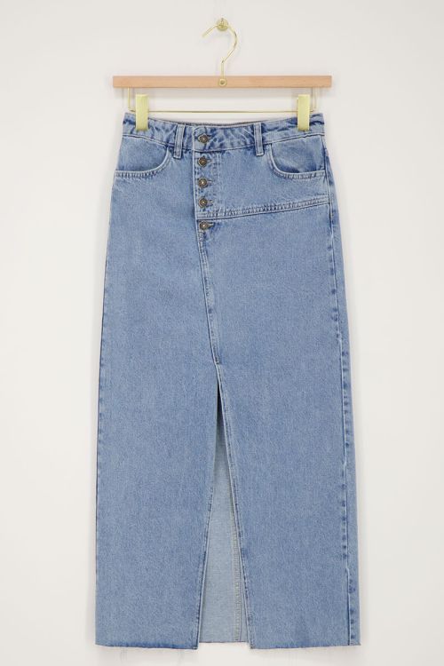 Blauwe denim midi rok met knopen