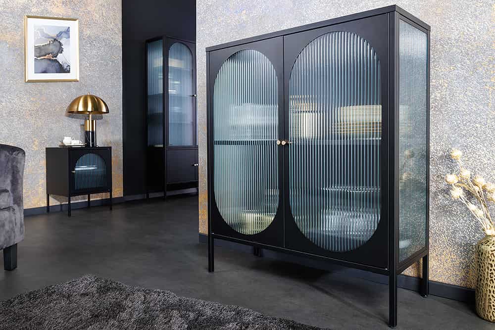 Moderne Vitrine PARIS 110cm schwarz gold Riffelglas Metall Sideboard Schrank